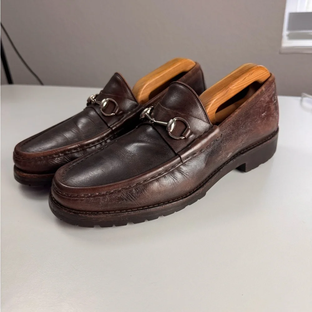 Gucci Horsebit Men's Brown Leather Silver Tone Metal Loafers Shoes 10.5